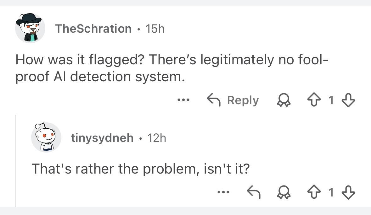Screenshot of a Reddit exchange about AI detection reliability